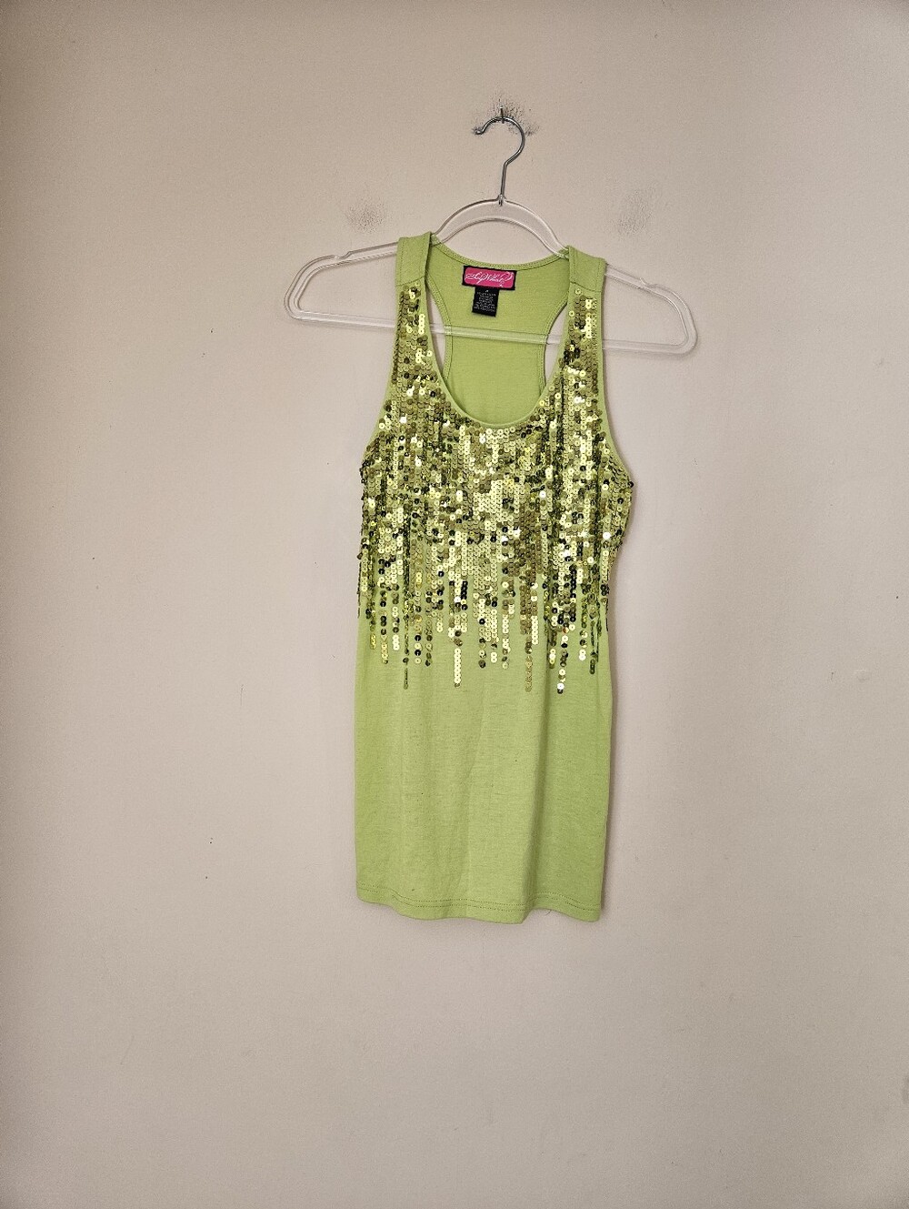 Say What? Lime Green Sequin Racerback Tank Top, Size Medium